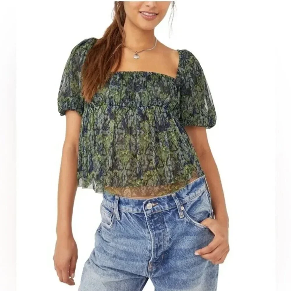 Free People Penelope Blouse Puff Sleeve Peasant Boho Chic - NWT - Medium